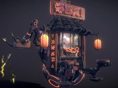 Unique Chinese Mechanical Mobile Stall With Traditional Lanterns Roof And Futuristic Design 3d model