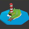 Modern 3D Scene With Red White Lighthouse Green Island Pebble Path Wooden Bridge Blue Water