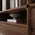 Modern Walnut Decorative Cabinet With Open Shelves Drawers And Books Vase