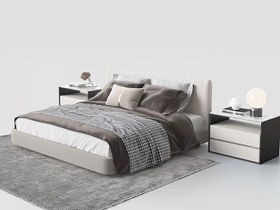 Modern Double Bed With Upholstered Headboard Plush Pillows Cozy Bedding And Nightstands 3d model