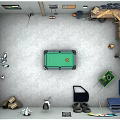 Well Organized Garage With Workbench Tools Green Trash Bin And Blue Cabinets