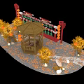 Traditional Pavilion with Red Lanterns Yellow Ginkgo Trees Autumn Leaves Stone Path Umbrella Rabbit Decoration