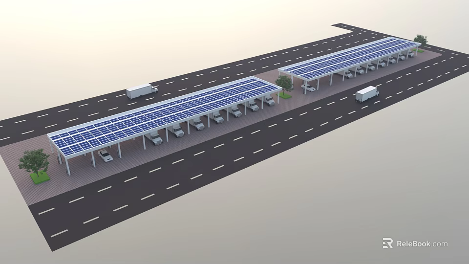 Solar Panel Covered Carport Parking Structure With Vehicles On Road 3d model