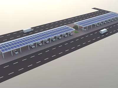 Solar Panel Covered Carport Parking Structure With Vehicles On Road 3d model