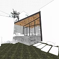 Modern Single Family House With Glass Walls Wooden Roof Palm Trees And Stone Pathway