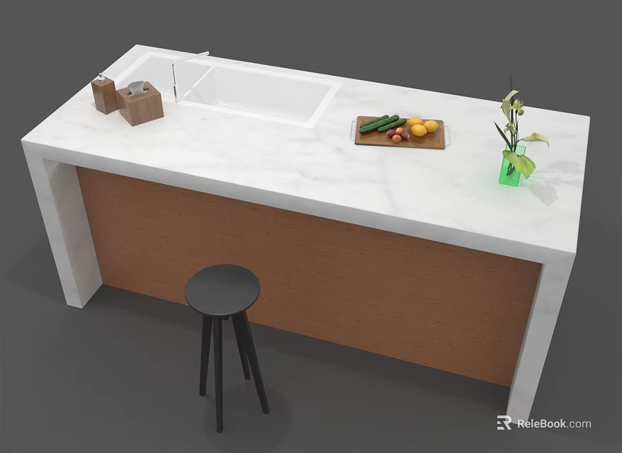 Kitchen Island With White Marble Countertop Sink Wooden Cabinet Vegetables Tray And Black Stool 3d model 