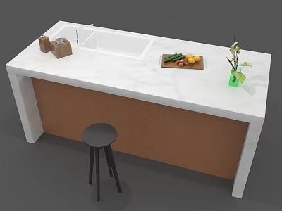 Kitchen Island With White Marble Countertop Sink Wooden Cabinet Vegetables Tray And Black Stool 3d model