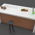 Kitchen Island With White Marble Countertop Sink Wooden Cabinet Vegetables Tray And Black Stool