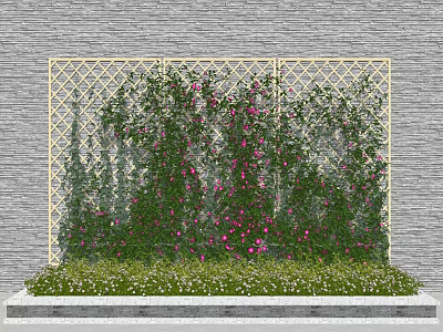 Green Plant Wall With Yellow Lattice Frame Gray Stone Wall Pink Flowers And Green Plants 3d model