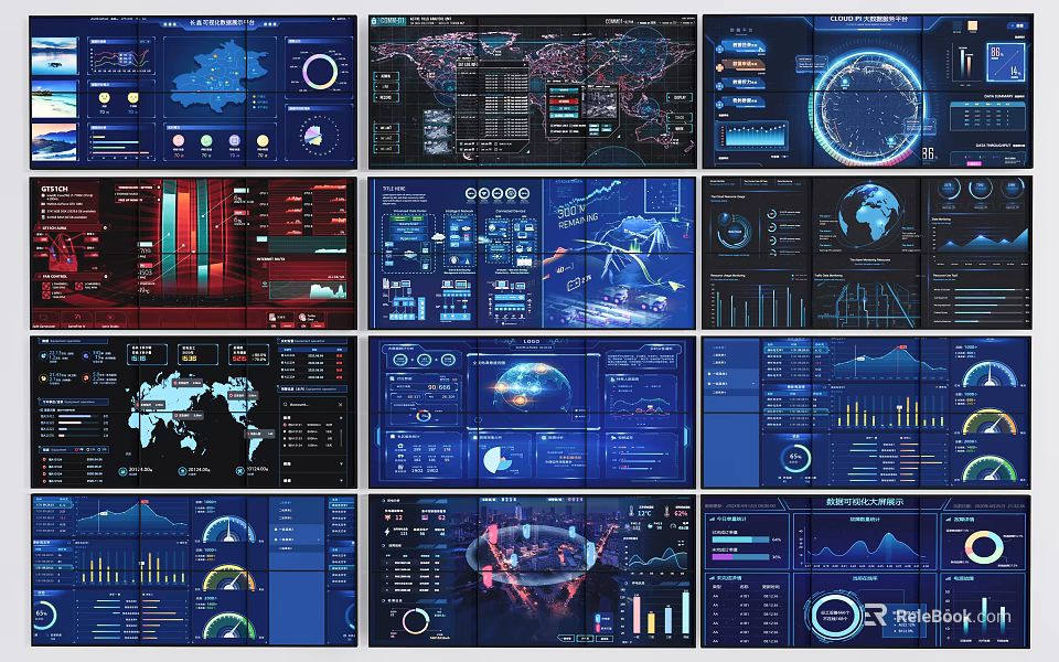 Multiple Data Visualization Dashboard Interfaces With Blue Theme Charts Maps And Analytics 3d model 