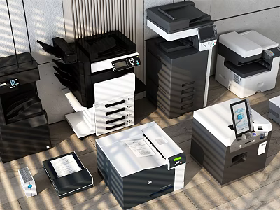 Various Modern Office Appliances Including Multifunctional Printers In Office Display Setting 3d model