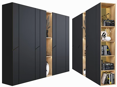 Modern Black Decorative Cabinet With Open Design Wooden Shelves Books And Decorations 3d model