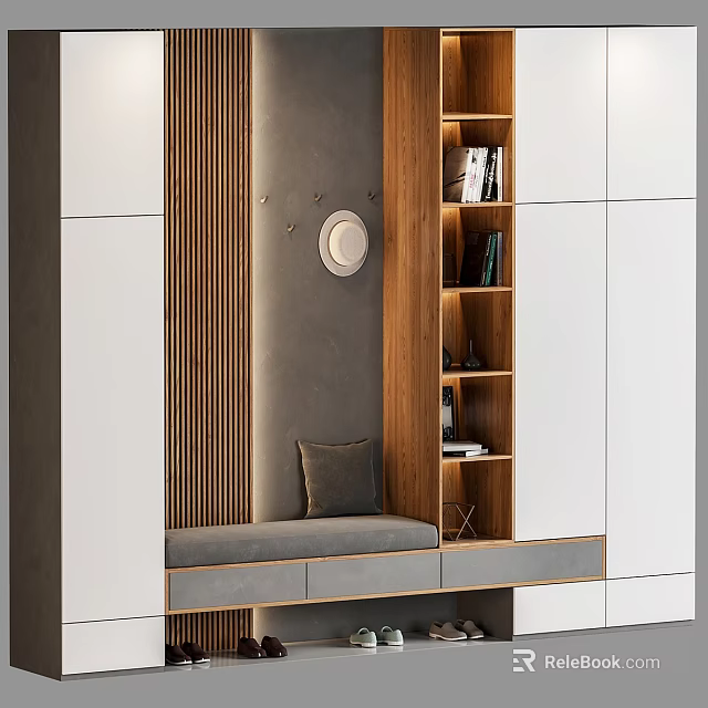 Modern Entryway Side Cabinet Design With Wooden Shelves And Upholstered Bench 3d model 