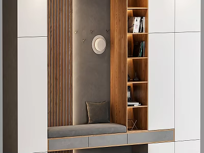 Modern Entryway Side Cabinet Design With Wooden Shelves And Upholstered Bench 3d model