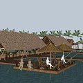 Tropical Waterfront Wooden Platform With Thatched Pavilions Palm Trees And Relaxation Area