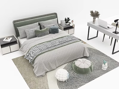 Double Bed With Gray Headboard Pillows And Bedding On Patterned Rug With Nightstands Stools And Desk 3d model