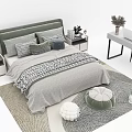 Double Bed With Gray Headboard Pillows And Bedding On Patterned Rug With Nightstands Stools And Desk