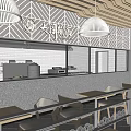 Restaurant Open Kitchen Interior With Cooking Equipment Shelves And Takeout Counter