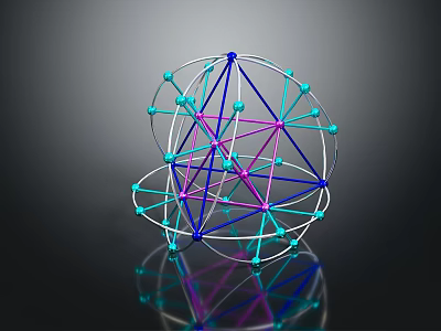 Modern Geometric Furniture Sculpture With Colorful Wire Frame Blue Pink Spheres And Reflective Base 3d model