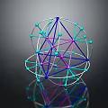 Modern Geometric Furniture Sculpture With Colorful Wire Frame Blue Pink Spheres And Reflective Base