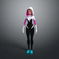 Game Movie Character With Pink Hair White Hood Black Bodysuit And Blue Shoes