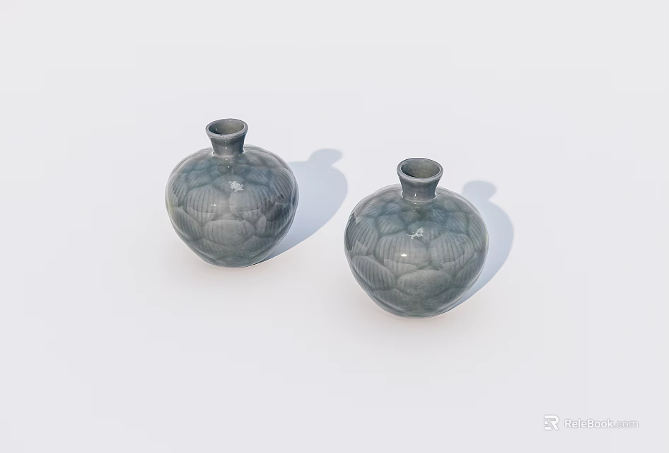 Pair of Gray Ceramic Vases With Intricate Lotus Pattern on White Background 3d model 