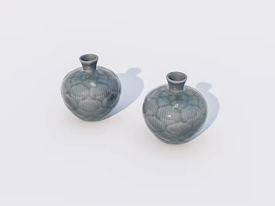 Pair of Gray Ceramic Vases With Intricate Lotus Pattern on White Background 3d model
