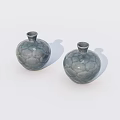 Pair of Gray Ceramic Vases With Intricate Lotus Pattern on White Background