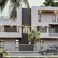 Modern Detached Villa Exterior Design With Palm Trees Balconies Greenery And Cars