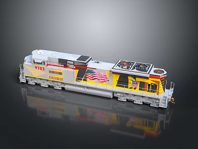 Detailed Model Train 7103 In Gray Yellow With American Flag And Reflection 3d model