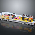 Detailed Model Train 7103 In Gray Yellow With American Flag And Reflection