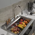 Contemporary Kitchen Featuring Stainless Steel Sink With Fresh Fruits On Marble Countertop And Coffee Machine