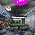 Modern Billiard Hall Interior With Pool Tables Blue Lighting And Patterned Carpet 3d model