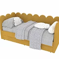 Yellow Baby Crib with Scalloped Back Design and Cozy Gray Striped Pillows Polka Dot Blankets