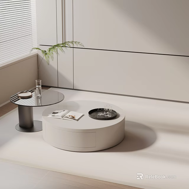 Modern White Round Coffee Table Set With Side Table Magazines And Green Plant 3d model