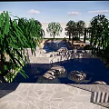 Serene Garden Landscape Design With Pool Stones Green Plants And Wooden Pavilion