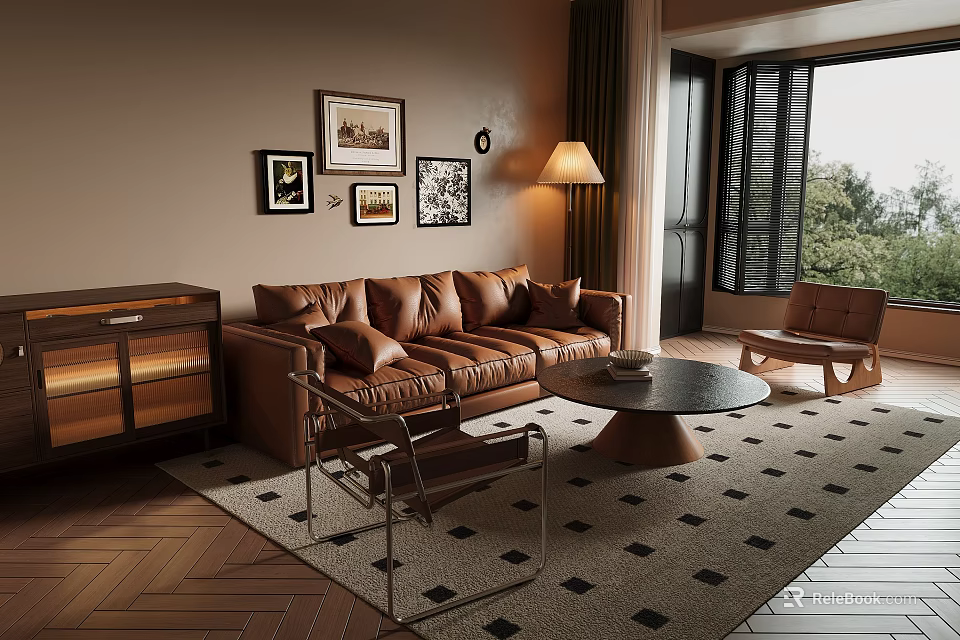 Modern Living Room Interior With Brown Leather Sofa Round Coffee Table And Diamond Pattern Rug 3d model 