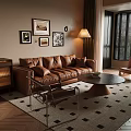 Modern Living Room Interior With Brown Leather Sofa Round Coffee Table And Diamond Pattern Rug