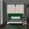 Modern Hotel Guest Room Interior with Green Headboard White Bed Linens and Wooden Flooring