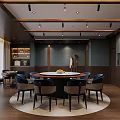 Elegant Private Dining Room With Round Table Chairs Ceiling Pendant Lights And Decorative Painting