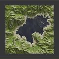 3D Terrain Model Featuring Green Mountain Ranges Central Blue Lake And Layered Strata