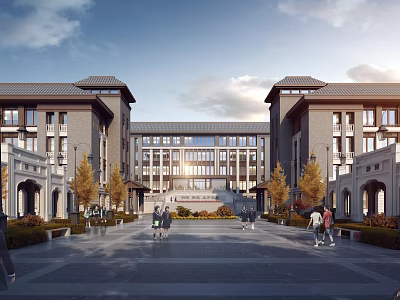 Traditional School Building With Symmetric Design Arched Doorways And Open Square With Trees 3d model