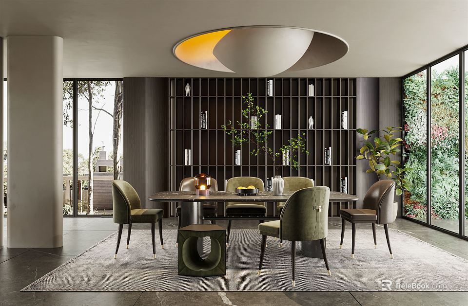 Modern Restaurant Interior With Dining Table Chairs Pendant Light Plants And Wooden Partition Wall 3d model 