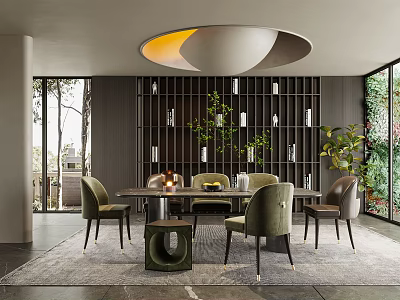 Modern Restaurant Interior With Dining Table Chairs Pendant Light Plants And Wooden Partition Wall 3d model