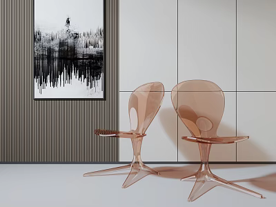 Modern Transparent Pink Chairs In Minimalist Interior With Gray Wall And Black White Painting 3d model
