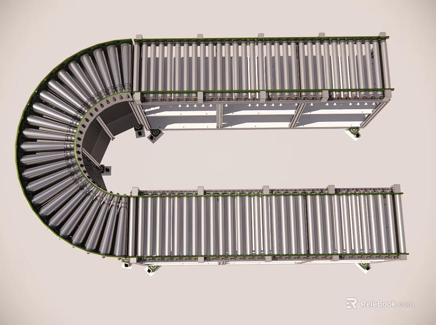Efficient Industrial Roller Conveyor System with Curved and Straight Sections for Material Handling 3d model 