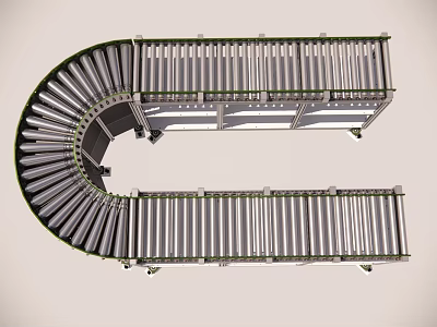 Efficient Industrial Roller Conveyor System with Curved and Straight Sections for Material Handling 3d model