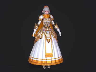 Elegant Fantasy Woman In White Gown With Golden Decorations And Crown 3d model
