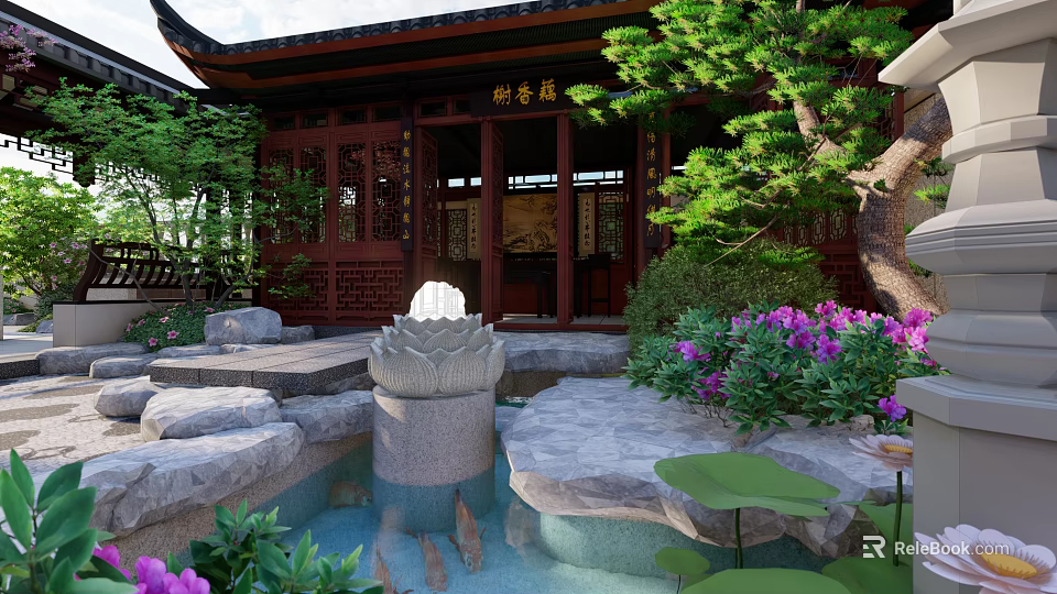 Traditional Chinese Garden Landscape with Wooden Pavilion Lotus Fountain Rockery and Purple Flowers 3d model 
