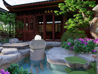 Traditional Chinese Garden Landscape with Wooden Pavilion Lotus Fountain Rockery and Purple Flowers 3d model